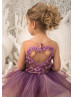 Beaded Purple Tulle Knee Length Keyhole Back Flower Girl Dress